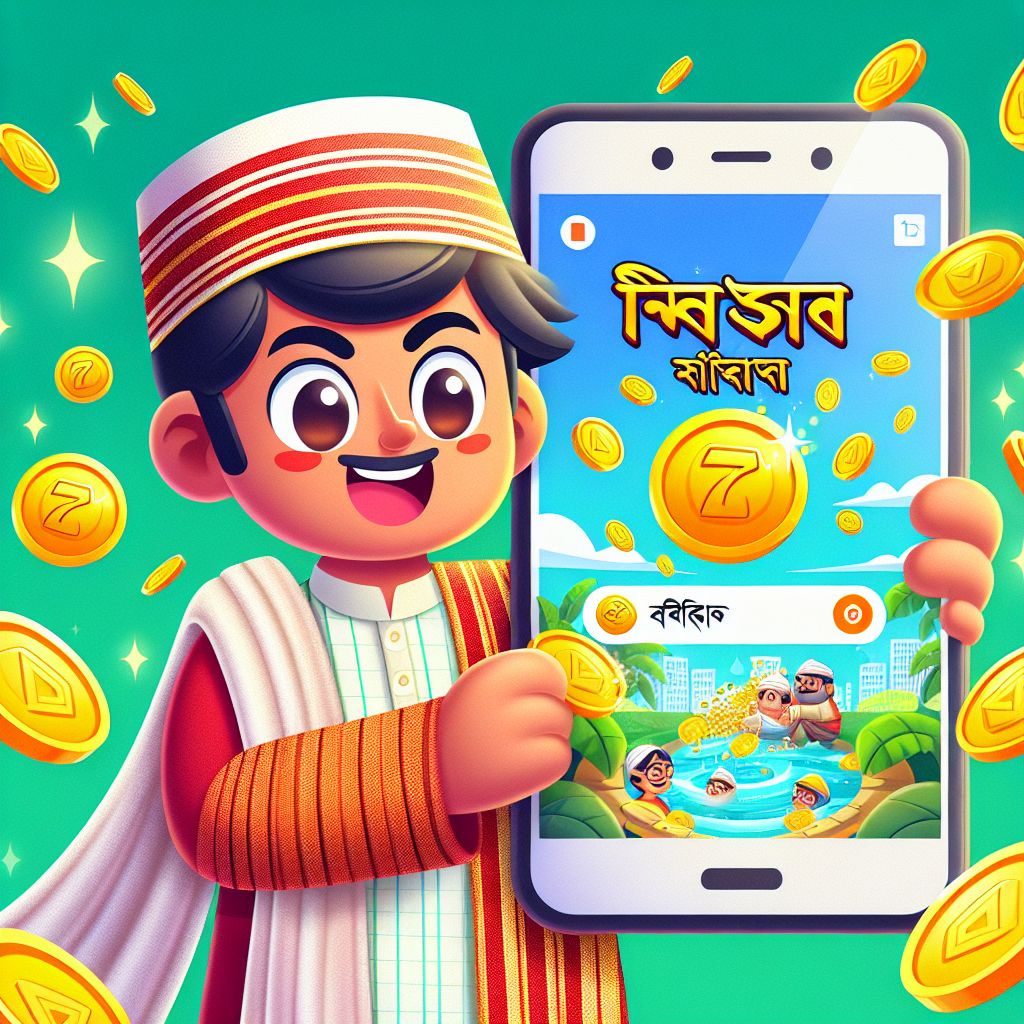বাংলাদেশ-থিমযুক্ত শহরের পটভূমিতে 7777bed অ্যাপ ইন্টারফেস এবং কয়েন সহ একটি স্মার্টফোন ধরে থাকা কার্টুন চরিত্র