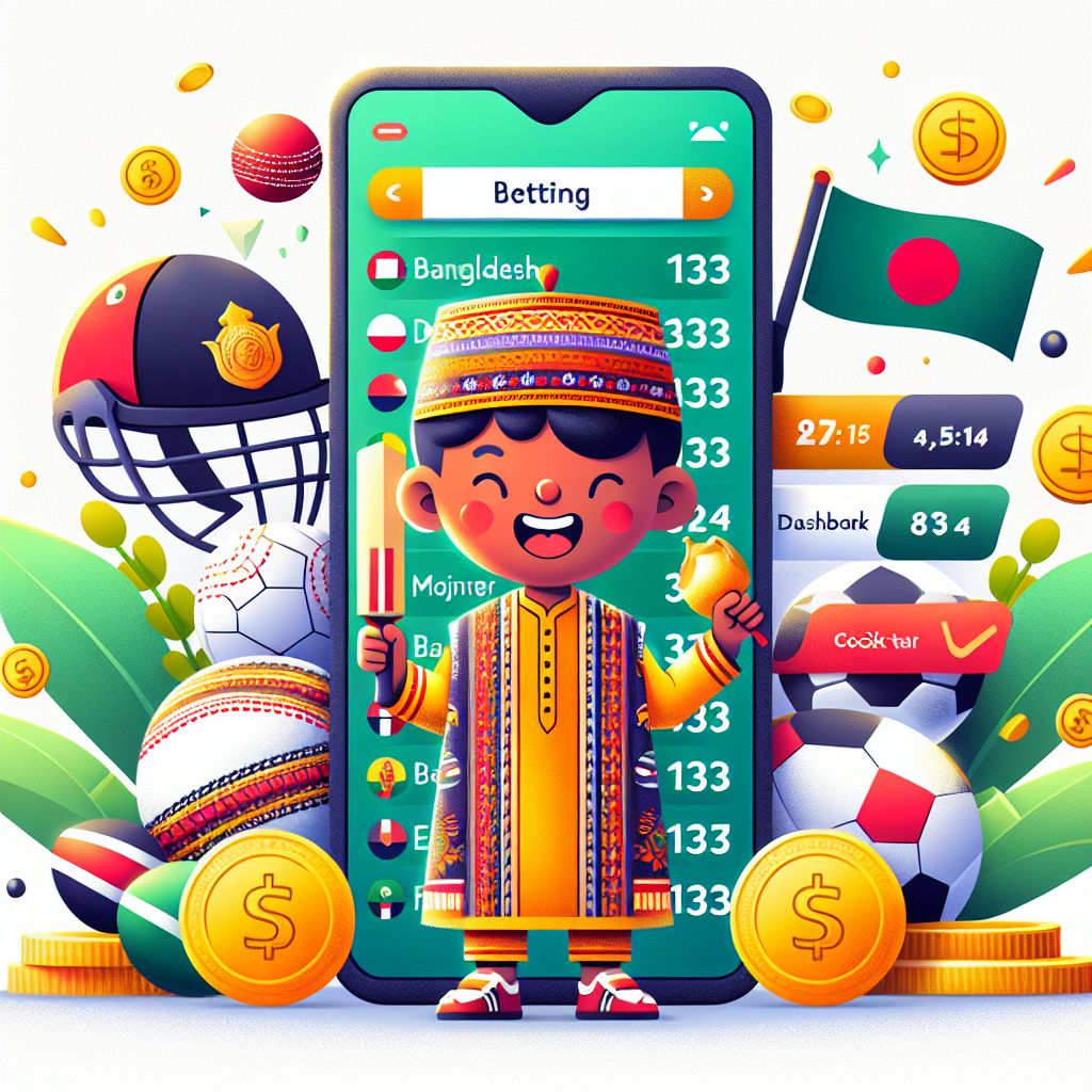 Cartoon bettor with a phone showing odds, cricket and football icons, and coins