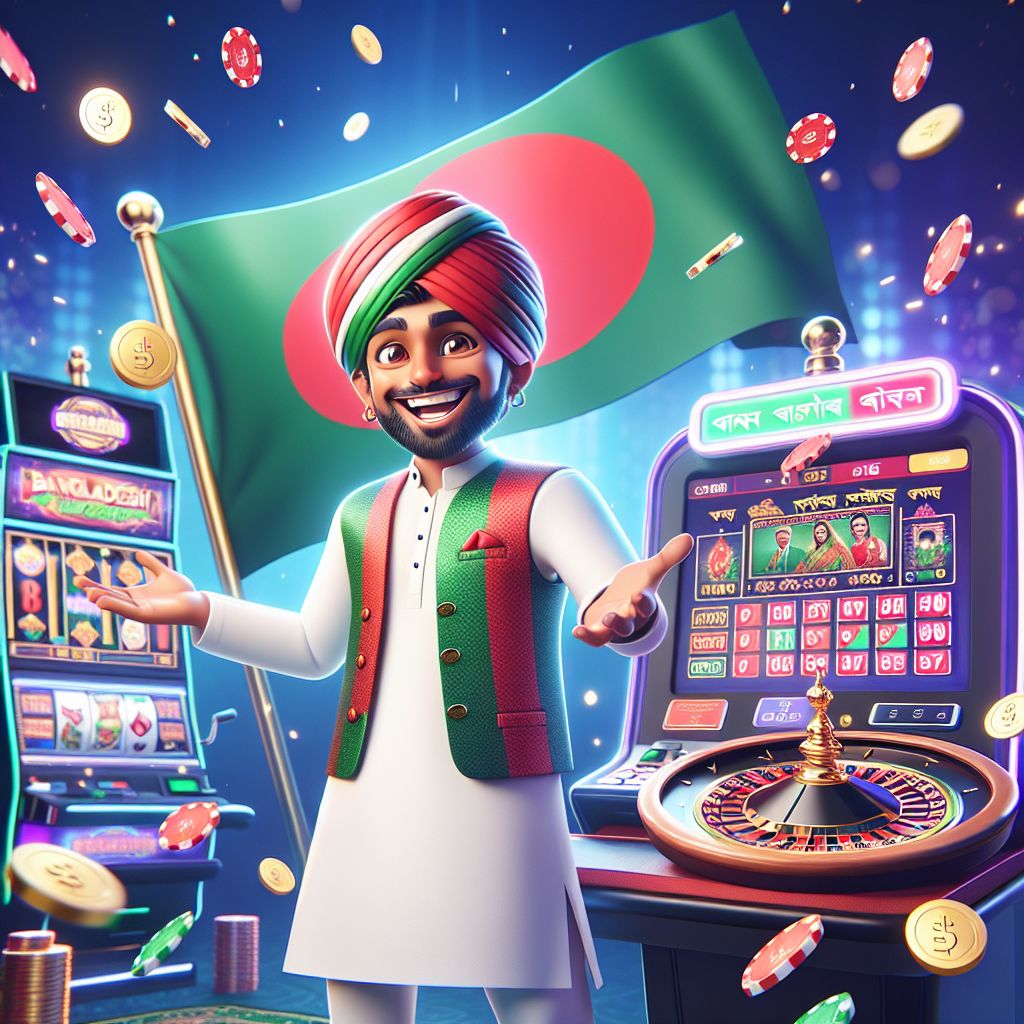 Cartoon casino host presenting slots and live tables with coins and cards
